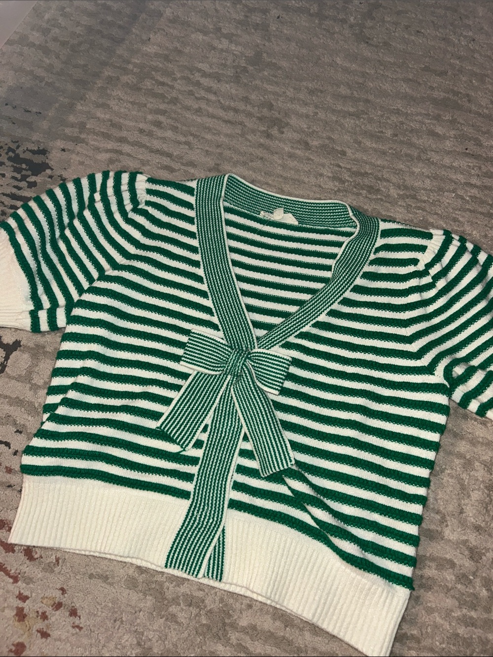 entro Green and White Striped V-Neck Bow Knit Sweater